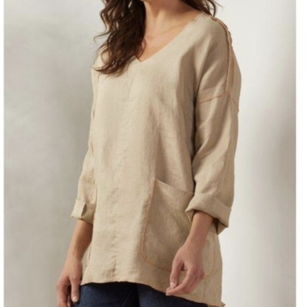 Soft Surroundings 100%linen Canberra tunic neutral tones with orange tri…